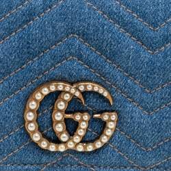 Pre Owned حامل بطاقة غوتشي دنيم ماتيلاس أزرق مارمونت جي جي مزين لؤلؤ