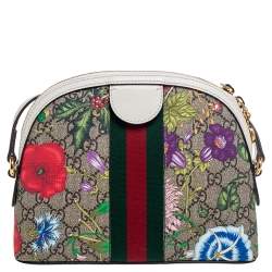 Pre Owned Gucci Beige/White GG Supreme Flora Canvas And Leather Small Ophidia Shoulder Bag