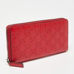 Pre Owned Gucci Red Guccissima Leather Zip Around Wallet