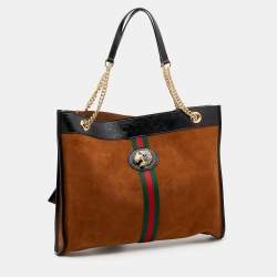 Pre Owned Gucci Brown/Black Suede And Patent Leather Large Rajah Tote
