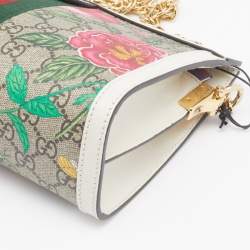 Pre Owned Gucci Beige/White GG Supreme Canvas And Leather Floral Ophidia Chain Bag