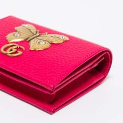 Pre Owned حافظة بطاقات غوتشي جلد وردي زاهي مرصعة بفراشة 