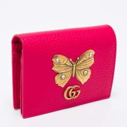 Pre Owned حافظة بطاقات غوتشي جلد وردي زاهي مرصعة بفراشة 