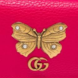 Pre Owned حافظة بطاقات غوتشي جلد وردي زاهي مرصعة بفراشة 