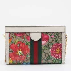 Gucci Beige/White GG Supreme Canvas And Leather Floral Ophidia Chain Bag