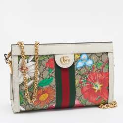 Gucci Beige/White GG Supreme Canvas And Leather Floral Ophidia Chain Bag