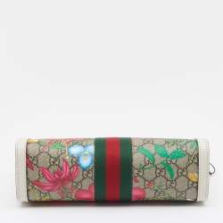 Pre Owned Gucci Beige/White GG Supreme Canvas And Leather Floral Ophidia Chain Bag