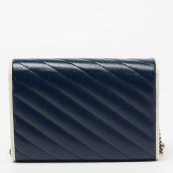 مملوكة مسبقًا Gucci Navy Blue/White Diagonal Quilt Leather GG Marmont Torchon Wallet on Chain