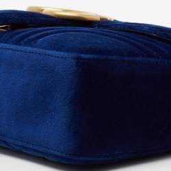 Pre Owned Gucci Blue Matelassé Velvet Medium GG Marmont Shoulder Bag