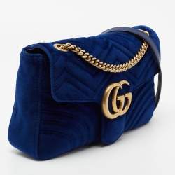 Pre Owned Gucci Blue Matelassé Velvet Medium GG Marmont Shoulder Bag
