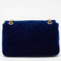 Pre Owned Gucci Blue Matelassé Velvet Medium GG Marmont Shoulder Bag