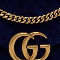 Pre Owned Gucci Blue Matelassé Velvet Medium GG Marmont Shoulder Bag