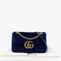 Pre Owned Gucci Blue Matelassé Velvet Medium GG Marmont Shoulder Bag