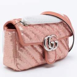 Gucci Pink Diagonal Sequins And Leather Mini GG Marmont Shoulder Bag