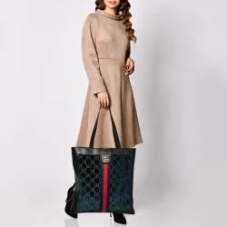 Pre Owned Gucci Blue/Black GG Velvet And Leather Large Ophidia Vertical Tote