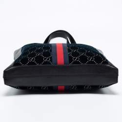 Pre Owned Gucci Blue/Black GG Velvet And Leather Large Ophidia Vertical Tote