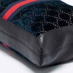 Pre Owned Gucci Blue/Black GG Velvet And Leather Large Ophidia Vertical Tote