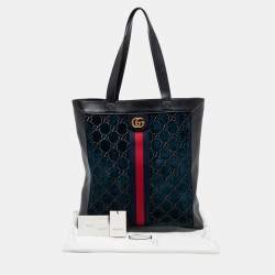 Pre Owned Gucci Blue/Black GG Velvet And Leather Large Ophidia Vertical Tote