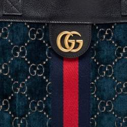 Pre Owned Gucci Blue/Black GG Velvet And Leather Large Ophidia Vertical Tote
