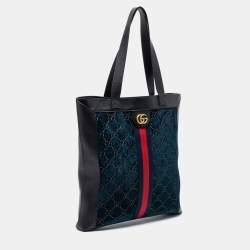 Pre Owned Gucci Blue/Black GG Velvet And Leather Large Ophidia Vertical Tote