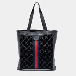 Pre Owned Gucci Blue/Black GG Velvet And Leather Large Ophidia Vertical Tote
