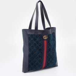 Pre Owned Gucci Black/Dark Green Velvet and Leather Ophidia Shopper Tote