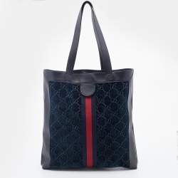 Pre Owned Gucci Black/Dark Green Velvet and Leather Ophidia Shopper Tote