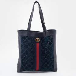 Pre Owned Gucci Black/Dark Green Velvet and Leather Ophidia Shopper Tote