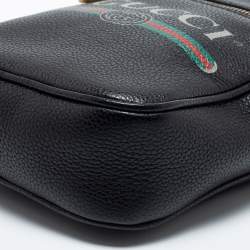 Gucci Black Leather Logo Print Messenger Bag 