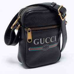 Gucci Black Leather Logo Print Messenger Bag 