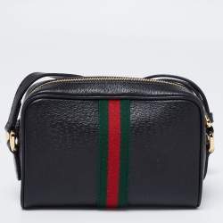 Pre Owned Gucci Black Leather And Web Mini Ophidia Crossbody Bag