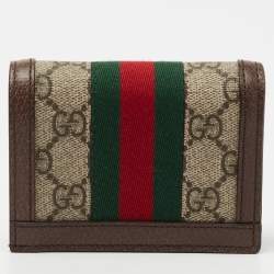 Pre Owned Gucci Brown GG Supreme Canvas and Leather Web Ophidia Card Case Wallet