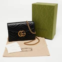 Pre Owned Gucci Black Matelassé Leather GG Marmont Wallet On Chain