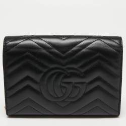 Pre Owned Gucci Black Matelassé Leather GG Marmont Wallet On Chain