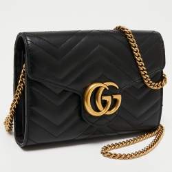 Pre Owned Gucci Black Matelassé Leather GG Marmont Wallet On Chain