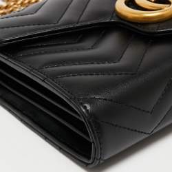 Pre Owned Gucci Black Matelassé Leather GG Marmont Wallet On Chain