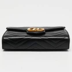 Pre Owned Gucci Black Matelassé Leather GG Marmont Wallet On Chain