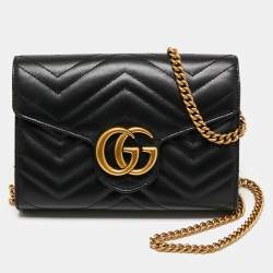 Pre Owned Gucci Black Matelassé Leather GG Marmont Wallet On Chain