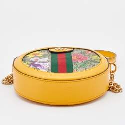 Pre Owned Gucci Yellow Leather and GG Supreme Canvas Flora Ophidia Mini Round Shoulder Bag