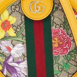Pre Owned Gucci Yellow Leather and GG Supreme Canvas Flora Ophidia Mini Round Shoulder Bag