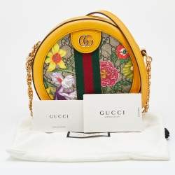 Pre Owned Gucci Yellow Leather and GG Supreme Canvas Flora Ophidia Mini Round Shoulder Bag