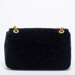 Pre Owned Gucci Black Love Embroidered Matelassé Velvet Medium GG Marmont Shoulder Bag