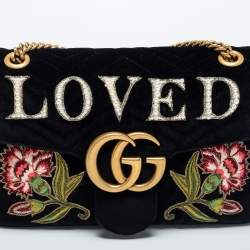 Pre Owned Gucci Black Love Embroidered Matelassé Velvet Medium GG Marmont Shoulder Bag