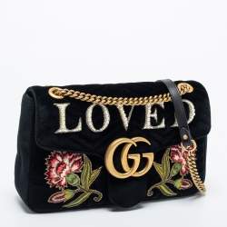 Pre Owned Gucci Black Love Embroidered Matelassé Velvet Medium GG Marmont Shoulder Bag