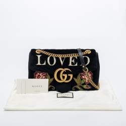 Pre Owned Gucci Black Love Embroidered Matelassé Velvet Medium GG Marmont Shoulder Bag