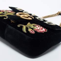 Pre Owned Gucci Black Love Embroidered Matelassé Velvet Medium GG Marmont Shoulder Bag