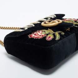 Pre Owned Gucci Black Love Embroidered Matelassé Velvet Medium GG Marmont Shoulder Bag