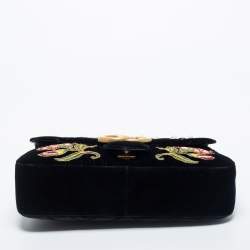 Pre Owned Gucci Black Love Embroidered Matelassé Velvet Medium GG Marmont Shoulder Bag