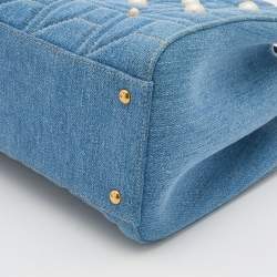 Pre Owned Gucci Blue Quilted Denim Small Pearl GG Marmont Tote