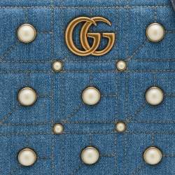 Pre Owned Gucci Blue Quilted Denim Small Pearl GG Marmont Tote